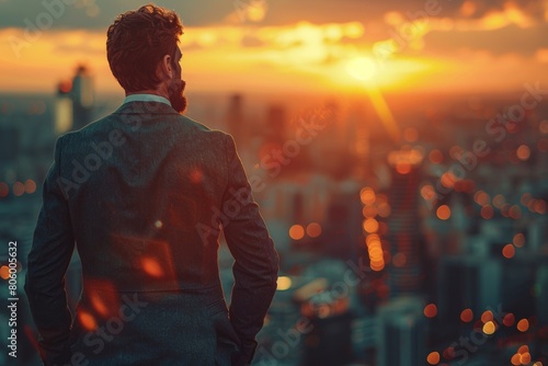 A professional businessman stands on a skyscraper terrace at sunset, contemplating the cityscape.