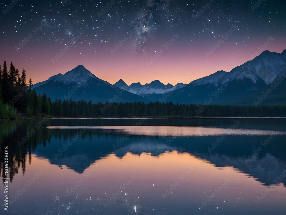 Twilight Tranquility, A Breathtaking Scene Unfolds as Mountains Tower Over a Glassy Lake Beneath a Blanket of Stars