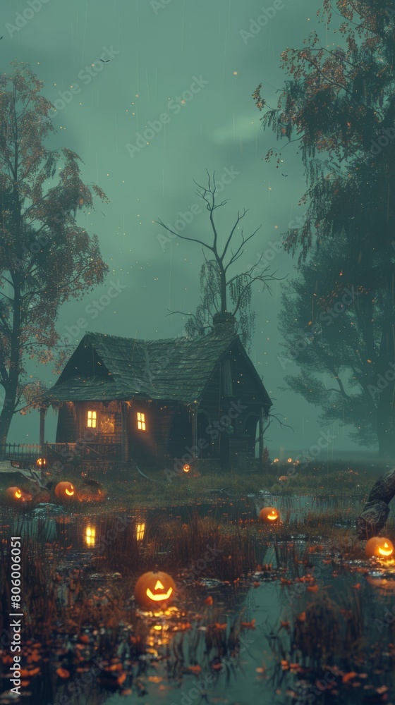 Obraz premium Spooky Halloween pumpkin in front of a house. Scary setting with a carved pumpkin in the forefront and a mysterious mansion amidst a dark, eerie forest It evokes a sense of fear and the supernatural