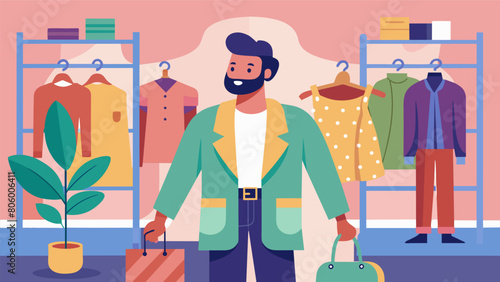 Join the fashion adventure as this thrift store influencer takes us on a tour of the best secondhand shops in town showcasing the endless. Vector illustration