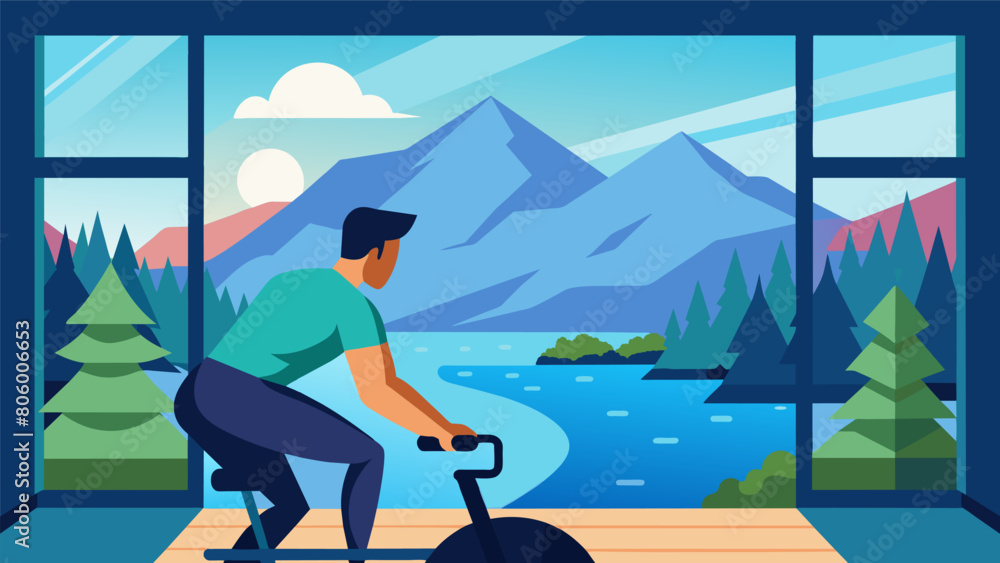 Enjoying an indoor cycling session facing a window with a stunning view of an expansive lake surrounded by lush forests.. Vector illustration