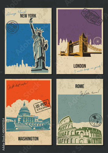 World Showplaces Postcard Set. New York, London, Washington, Rome Sight Retro Cards Style Illustrations. Statue of Liberty, Tower Bridge, Capitol, Colosseum. Vintage Colors, Old Paper Texture 