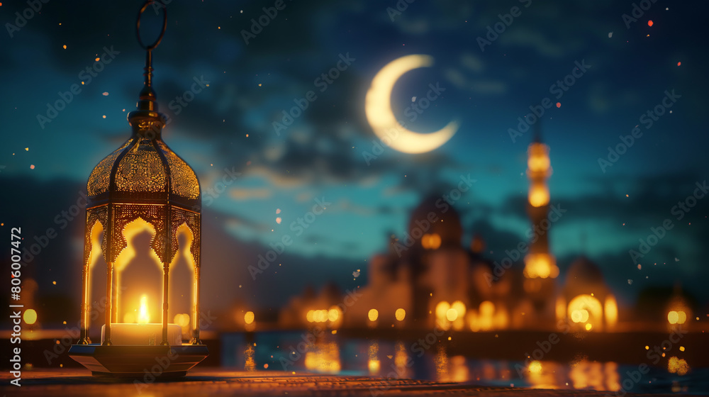 Ramadan kareem with serene mosque and crescent moon background with beautiful glowing lantern 4k