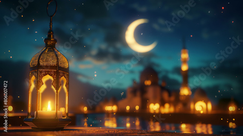 Ramadan kareem with serene mosque and crescent moon background with beautiful glowing lantern 4k