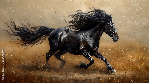 Majestic Run  Black Horse Galloping in the Field