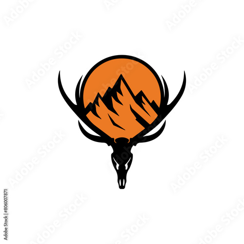 Picture of a deer with long antlers and a mountain inside a circle