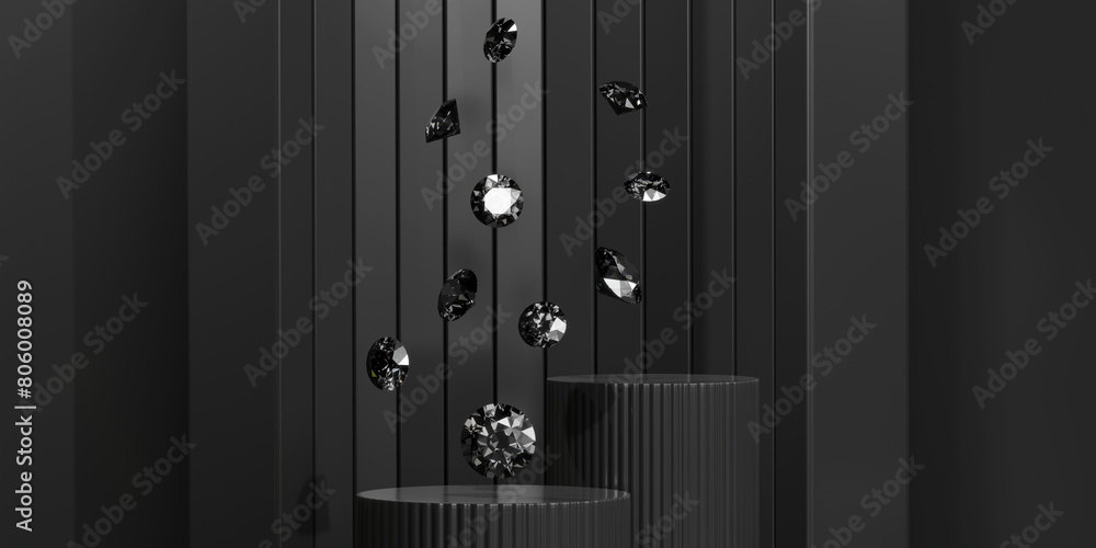 Fototapeta premium Black gemstone diamonds falling on black background 3d rendering