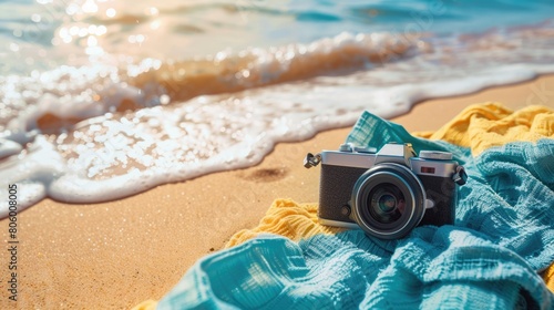 A camera is placed on a blanket at the beach, with the camera lens pointing towards the sea. It appears to be a digital camera, possibly a pointandshoot or mirrorless interchangeablelens camera AIG50