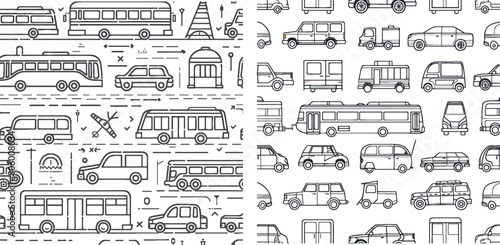 Ground transportation in linear style monochrome seamless pattern