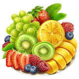 A variety of fresh fruits, including grapes, strawberries, kiwi, orange, mango, and blueberries, PNG transparent
