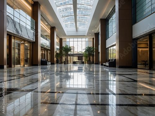 Urban Opulence  Marvel at the Sparkling Marble Floor in a Modern Commercial Lobby  Complemented by Clean and Shiny Tiles that Elevate Office and Hall Interior