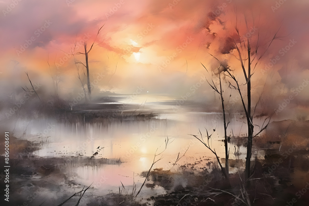 fascinating sunset fog. abstract landscape art, painting background, wallpaper fascinating sunset fog. abstract landscape art, painting background, wallpaper