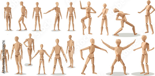 Wooden man poses. Wood dummy toy, group people statue human model for art artist drawing, puppet manikin figure in different pose