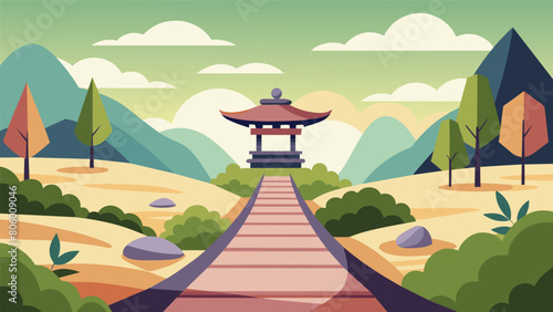 A peaceful pathway through a zen garden carefully crafted to encourage mindfulness and inner peace.. Vector illustration