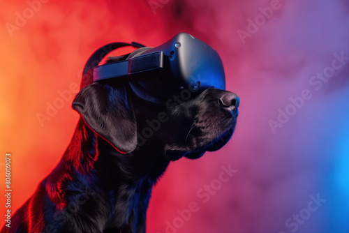 Black labrador retriever wearing virtual reality headset in vibrant futuristic setting with red and blue neon lights.
