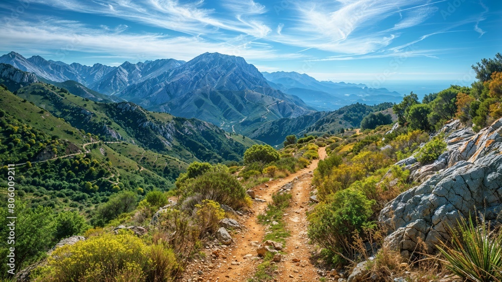Naklejka premium chemin de randonnée rocailleux escarpé en moyenne montagne par beau temps