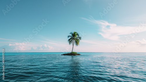 minuscule îlot désert perdu au milieu de l'océan avec un palmier solitaire © Sébastien Jouve