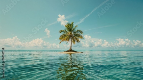 minuscule îlot désert perdu au milieu de l'océan avec un palmier solitaire photo