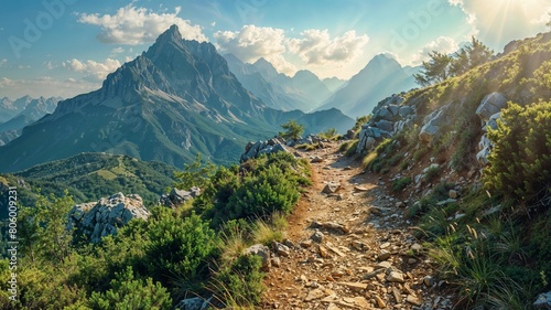 chemin de randonnée rocailleux escarpé en moyenne montagne par beau temps photo