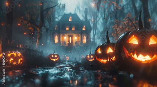 Spooky Halloween pumpkin in front of a house. Scary setting with a carved pumpkin in the forefront and a mysterious mansion amidst a dark, eerie forest It evokes a sense of fear and the supernatural photo