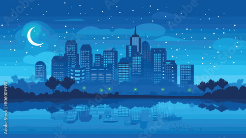 Nighttime cityscape reflected water under starry sky, crescent moon above skyline. Serene urban midnight, skyscrapers illuminated, tranquil city night. Peaceful metropolitan waterfront, evening city