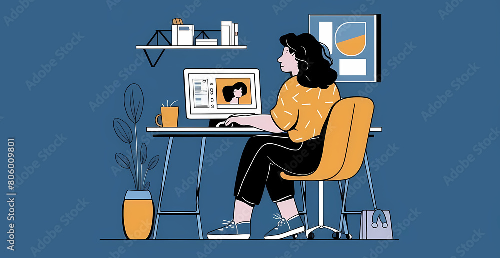 european freelancer woman working at laptop, for business Internet communication, job. 