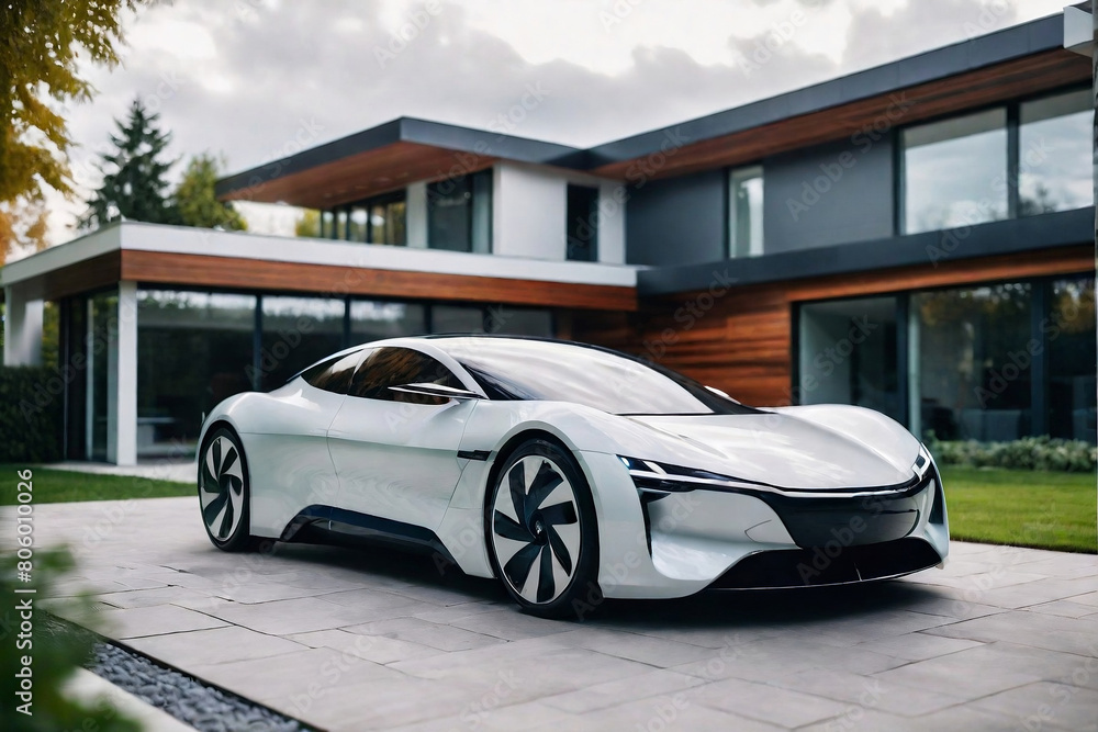 Futuristic EV car next to a modern home with copy space. Alternative Clean Energy and Sustainable Concept.