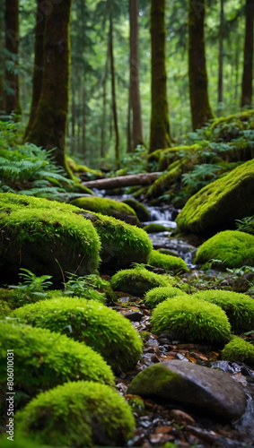 Verdant Wilderness  Witness Nature s Splendor with Stones Adorned in Vibrant Green Moss Amidst the Forest Floor.