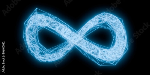 Blue abstract wireframe glowing infinty symbol isolated on black background, eternity or limitless concept photo