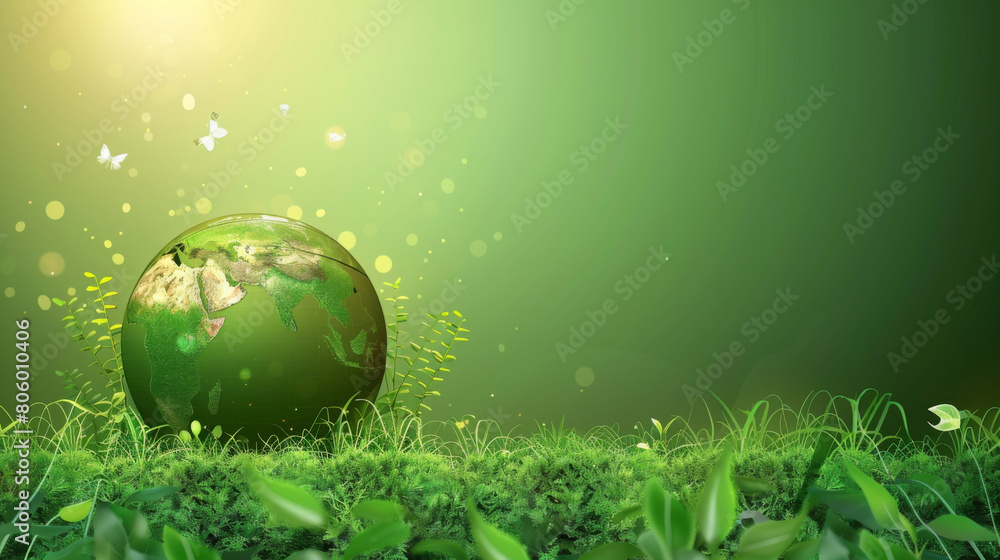 Glowing representation of a green Earth with vibrant leaves and butterflies, depicting a healthy, thriving planet and biodiversity. Glowing representation of a green Earth with vibrant leaves and butterflies, depicting a healthy, thriving planet and biodiversity.