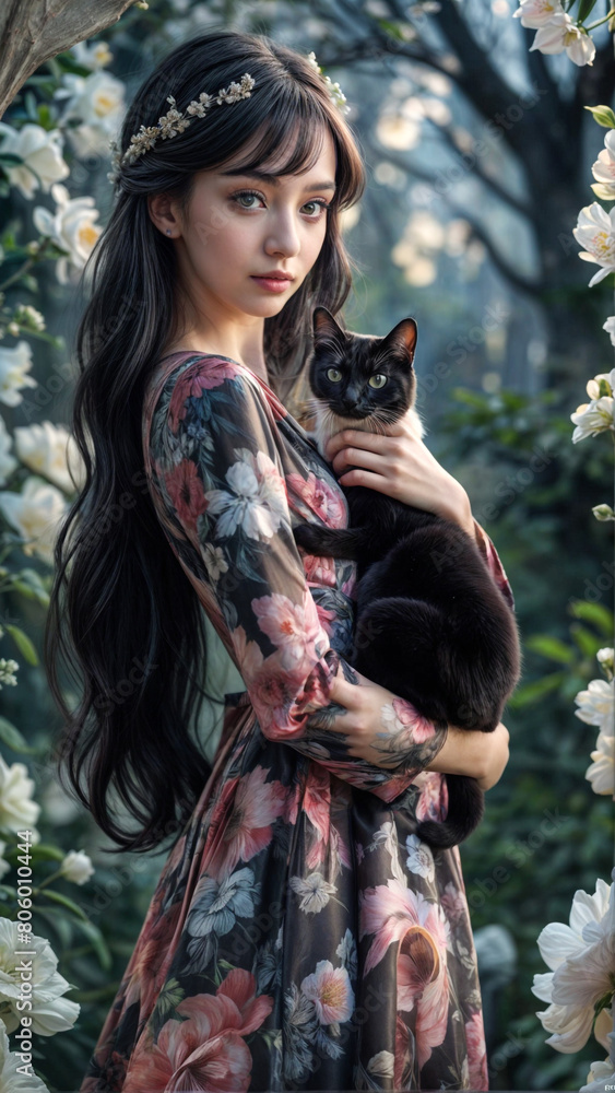 A Petaled Embrace: Anime Beauty Cuddles a Feline Enigma