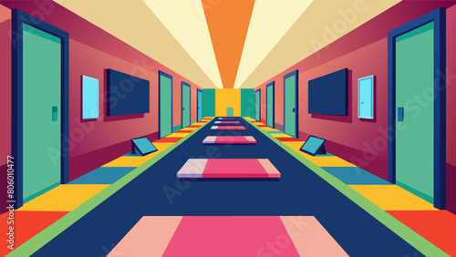 A wide hallway lined with colorful exercise mats and a TV screen for virtual workout classes.. Vector illustration