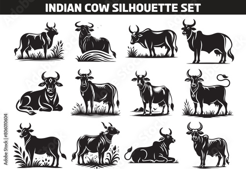 Indian Cow Silhouette Vector Illustration Set