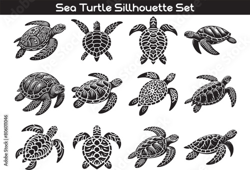 Sea Turtle Silhouette Vector Illustration Set