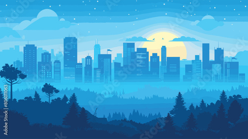 Blue urban cityscape skyline layered design. Forest trees foreground modern buildings background, serene dusk setting. Cartoon style urban vector illustration, sunset clouds over metropolis