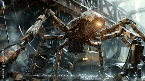 A futuristic spider robot stands in the rain, featuring intricate mechanical design and eerie lighting.