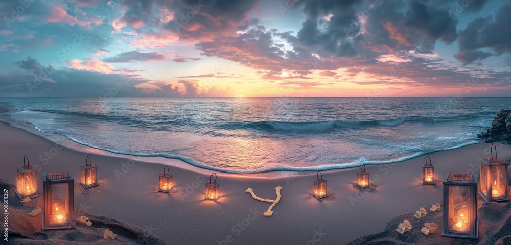 A panoramic shot of a serene beach at sunset, with lanterns spelling out a message of joy in the sand, the gentle waves and colorful sky providing a natural backdrop for a celebration of life. 
