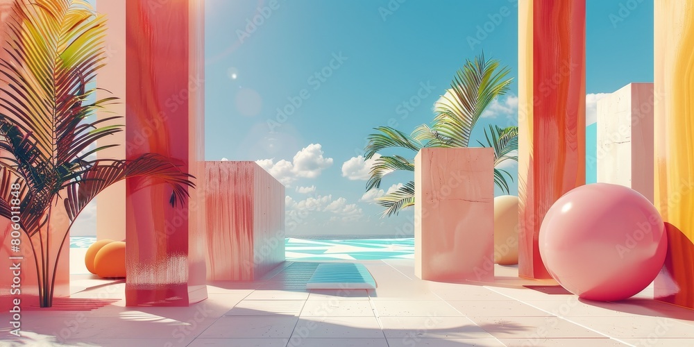Fototapeta premium Surreal Pastel-Colored Seascape With Abstract Geometry and Tropical Elements in Daylight
