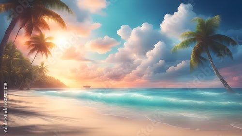 Glowing sea with bright clouds and tropical beach with palm trees