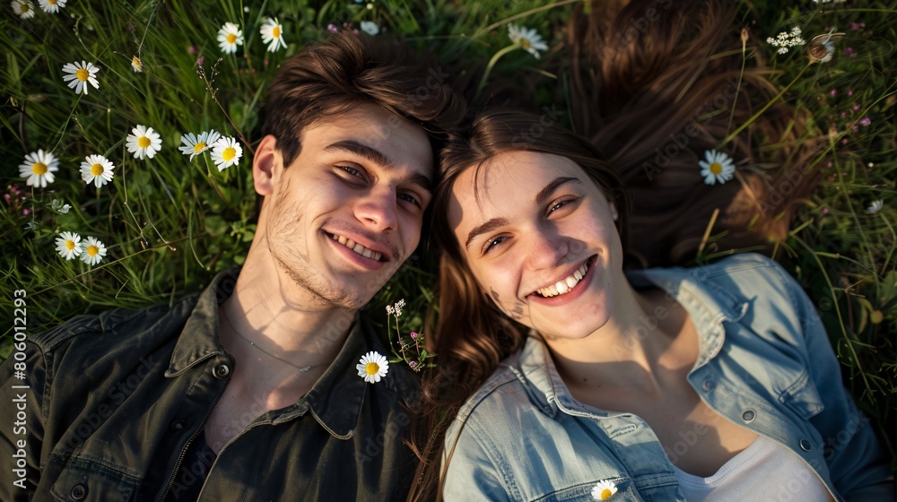 A young man and woman are laying on the grass, smiling A young man and woman are laying on the grass, smiling