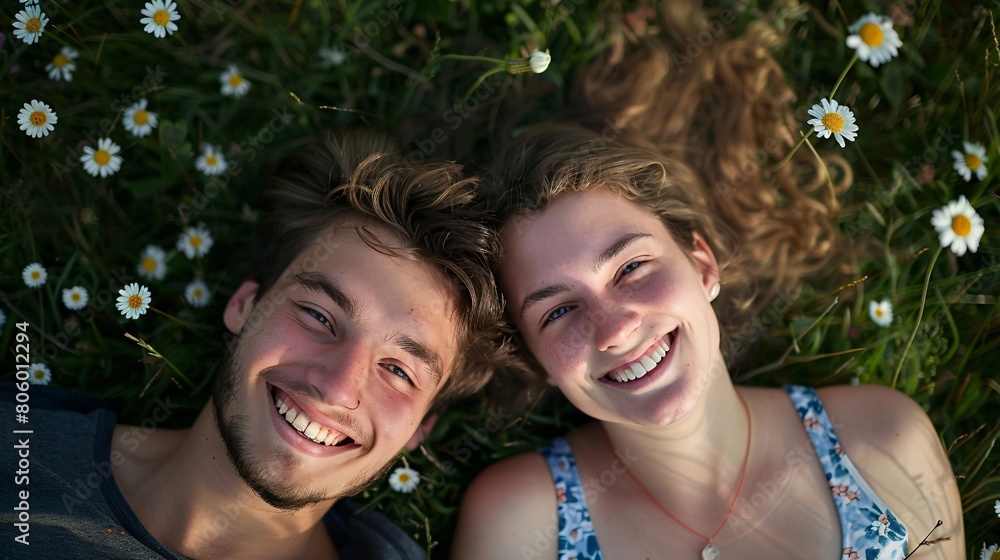 A young man and woman are laying on the grass, smiling A young man and woman are laying on the grass, smiling