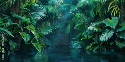 Painting of a Jungle Scene With Water and Palm Trees