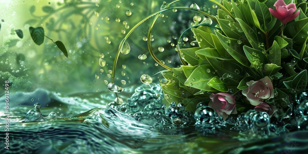 Naklejka premium Floating Flowers and Leaves in Water