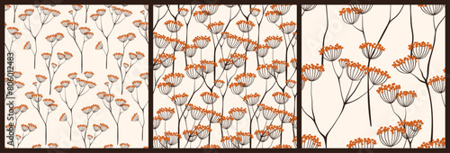 Seamless floral pattern, abstract flower ornament in Asian style. Elegant botanical design collection, nature wallpaper print: thin branches, small tassels of flowers on a light. Vector illustration.