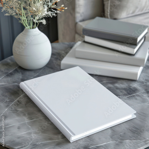 Notebook cover mockup, Mock up with white closed notebook on table in modern decorative interior