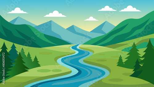 A winding river meandering gently through a lush valley symbolizing the ease and flow of a peaceful and untroubled mind.. Vector illustration photo