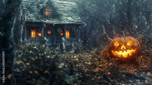 Spooky Halloween pumpkin in front of a house. Scary setting with a carved pumpkin in the forefront and a mysterious mansion amidst a dark  eerie forest It evokes a sense of fear and the supernatural