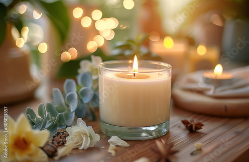 Still life with scented candles and natural elements  blank space for advertising or product presentation