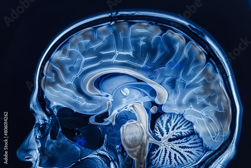 Blue X-ray image of human brain anatomy, 3-D sagittal section (side view, cross section) of the human brain and its parts photo