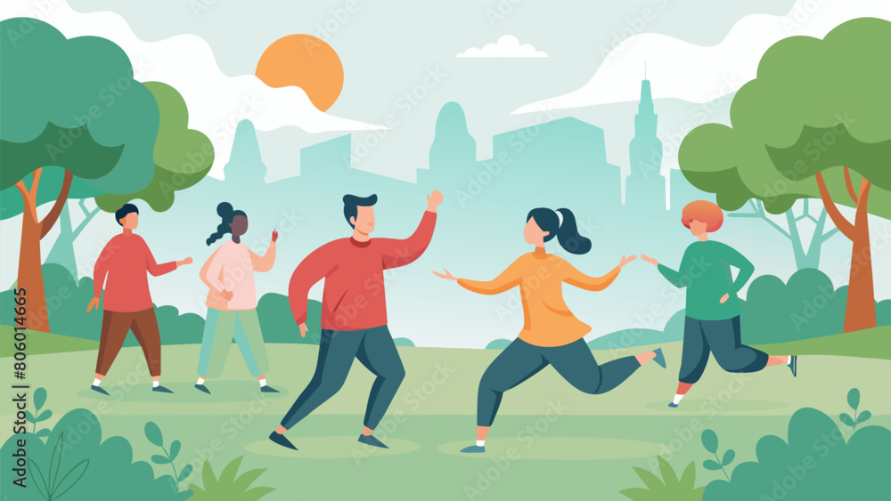 A misty morning in the park as a group of friends gather to harmonize their spirits and bodies through the practice of Qi Gong.. Vector illustration
